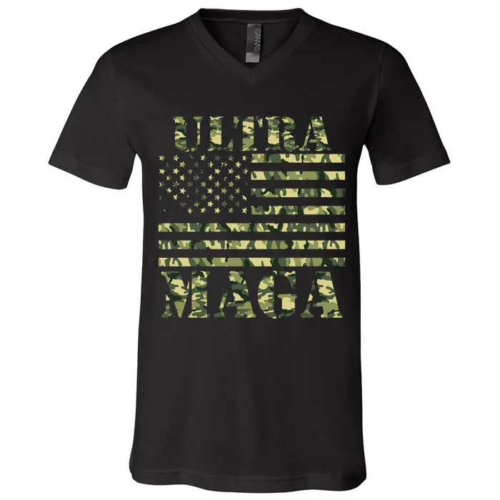 Ultra MAGA Camouflage Camo USA United States Of America Flag V-Neck T-Shirt