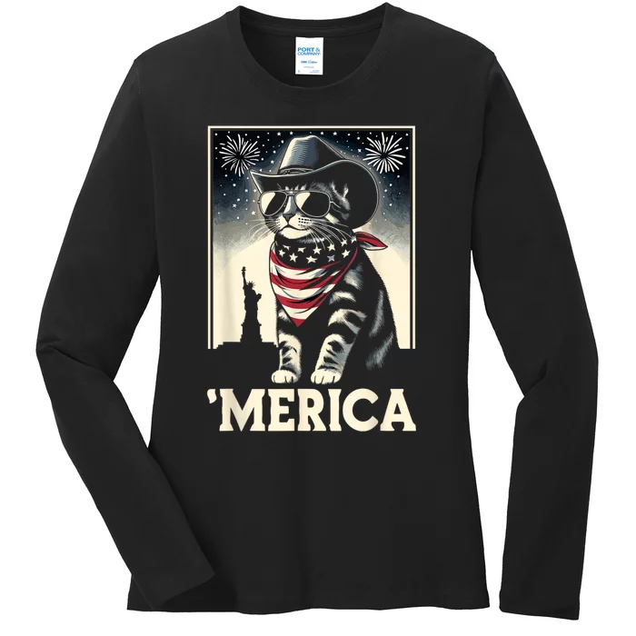 Usa Merica Cat 4th Of July Funny Patriotic Ladies Long Sleeve Shirt