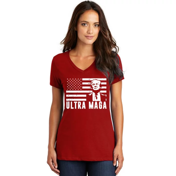 Ultra Maga Donald Trump Usa Flag Women's V-Neck T-Shirt