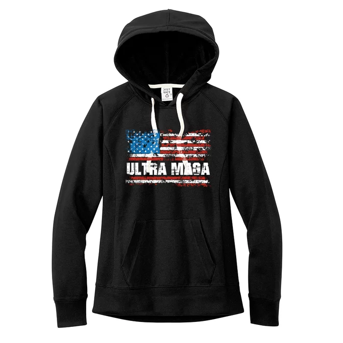 Ultra MAGA Distressed United States Of America USA Flag Women's Fleece Hoodie