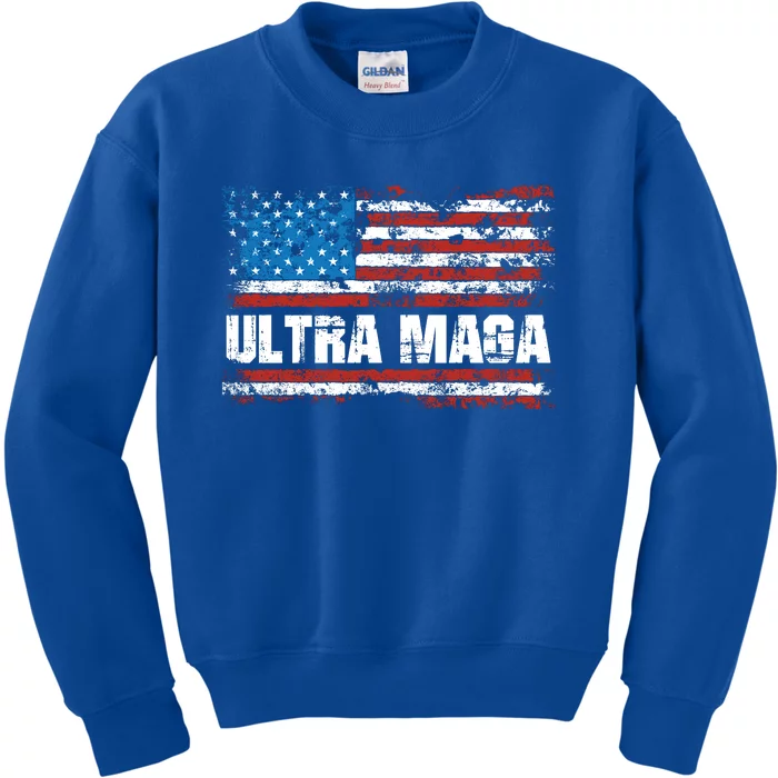 Ultra MAGA Distressed United States Of America USA Flag Kids Sweatshirt