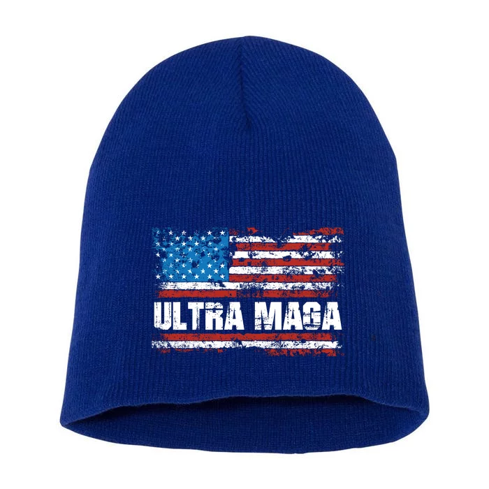 Ultra MAGA Distressed United States Of America USA Flag Short Acrylic Beanie