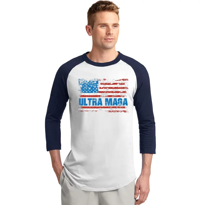 Ultra MAGA Distressed United States Of America USA Flag Baseball Sleeve Shirt