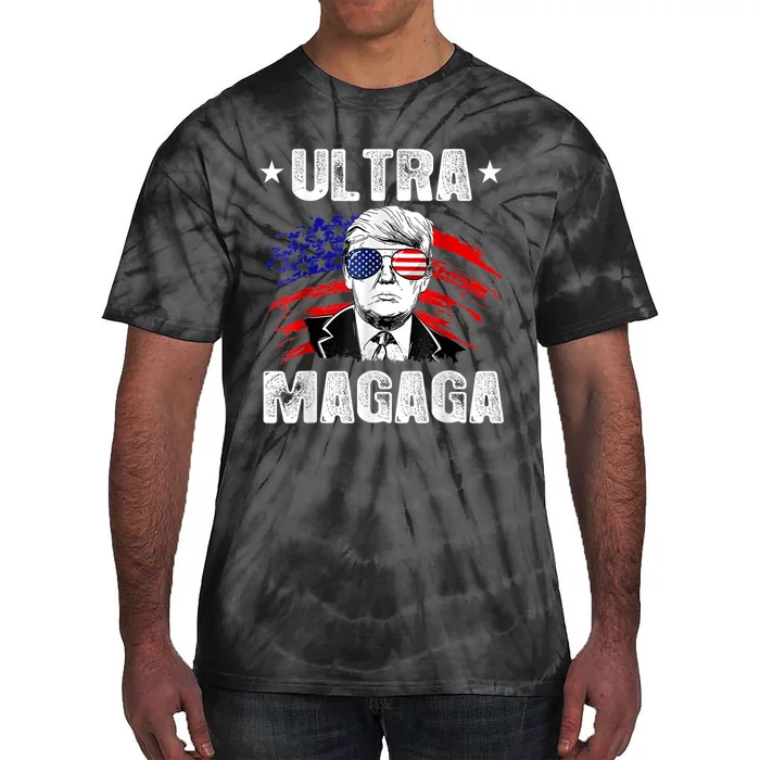 Ultra Magaga Distressed Trump USA Flag Anti Biden Patriotic Tie-Dye T-Shirt