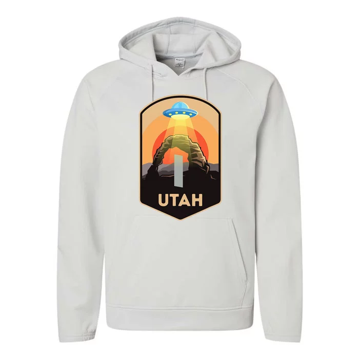 Utah Monolith Funny Utah National Park Spaceship Beam Performance Fleece Hoodie