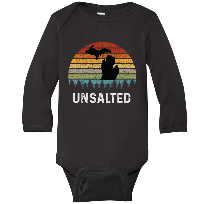 Unsalted Michigan Great Lakes Mi Retro Baby Long Sleeve Bodysuit