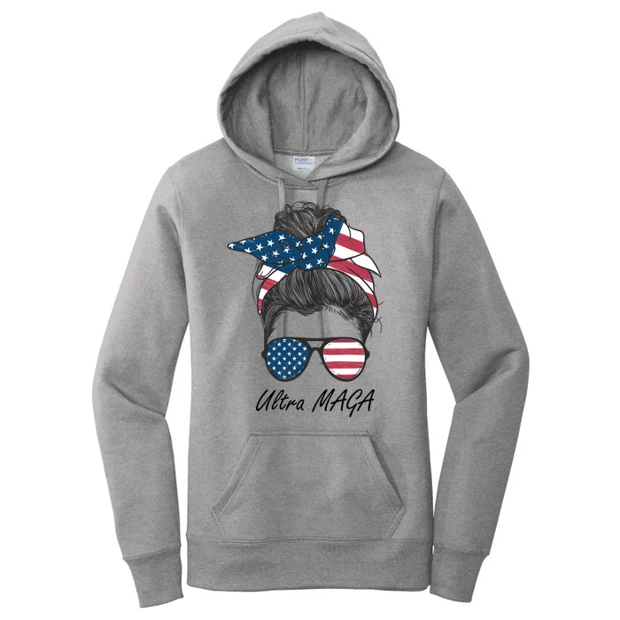 Ultra MAGA Messy Bun Parody Trump 2024 Anti Biden Women's Pullover Hoodie