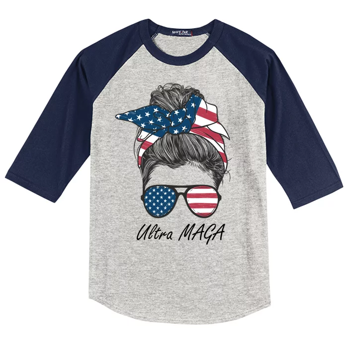 Ultra MAGA Messy Bun Parody Trump 2024 Anti Biden Kids Colorblock Raglan Jersey