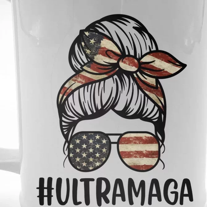 Ultra MAGA Messy Bun American Flag Sunglasses Front & Back Beer Stein