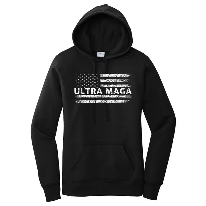 Ultra Maga Proud Ultra Maga Anti Biden Us Flag Pro Trump Women's Pullover Hoodie