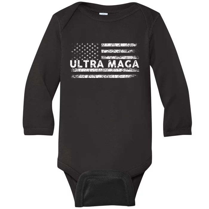 Ultra Maga Proud Ultra Maga Anti Biden Us Flag Pro Trump Baby Long Sleeve Bodysuit