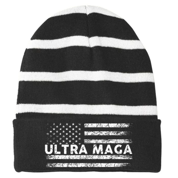 Ultra Maga Proud Ultra Maga Anti Biden Us Flag Pro Trump Striped Beanie with Solid Band