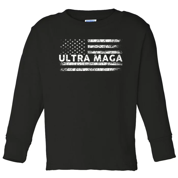 Ultra Maga Proud Ultra Maga Anti Biden Us Flag Pro Trump Toddler Long Sleeve Shirt