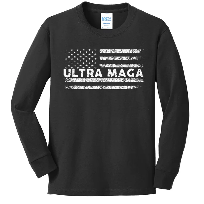 Ultra Maga Proud Ultra Maga Anti Biden Us Flag Pro Trump Kids Long Sleeve Shirt