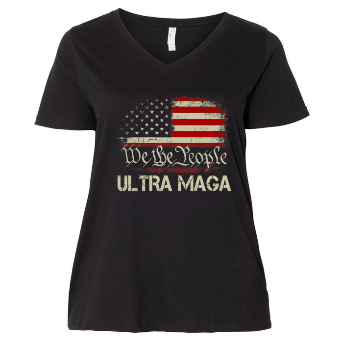 We The People Ultra MAGA Shirt Funny Anti Biden US Flag Pro Trump 2024 Women's V-Neck Plus Size T-Shirt
