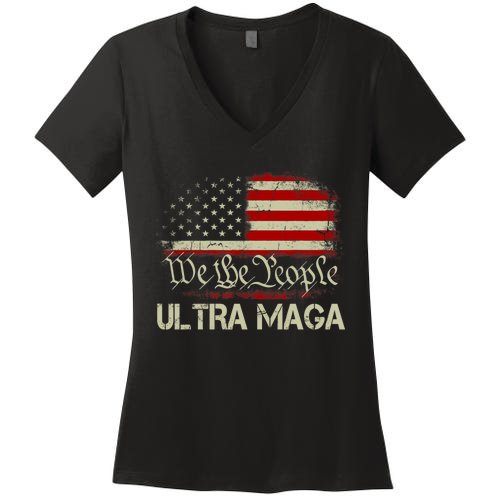 We The People Ultra MAGA Shirt Funny Anti Biden US Flag Pro Trump 2024 Women's V-Neck T-Shirt