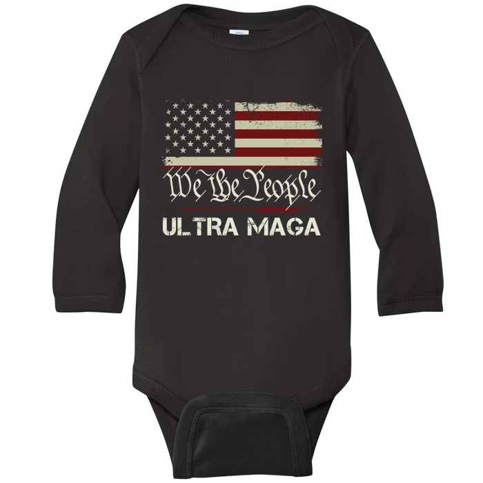 Ultra MAGA Shirt Funny Anti Biden US Flag Pro Trump Trendy Ultra MAGA Baby Long Sleeve Bodysuit