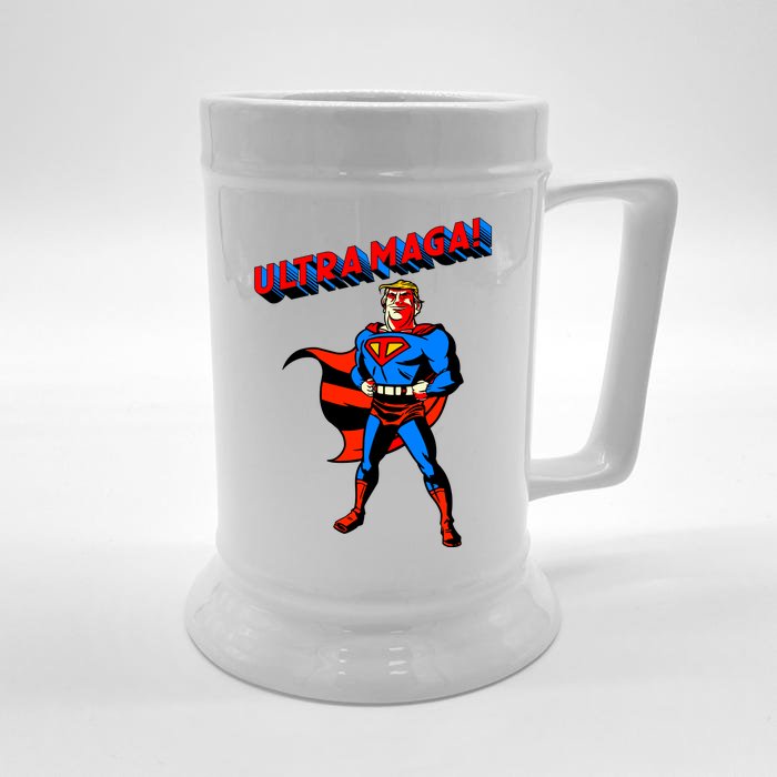 Ultra MAGA Superhero Parody Trump 2024 Anti Biden Front & Back Beer Stein