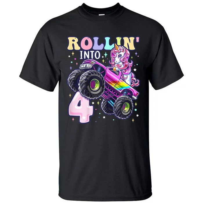 Unicorn Monster Truck 4th Birthday 4 Year Old Party Tall T-Shirt