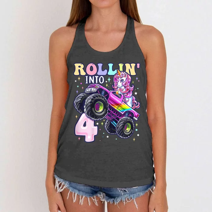 Unicorn Monster Truck 4th Birthday 4 Year Old Party Women's Knotted Racerback Tank