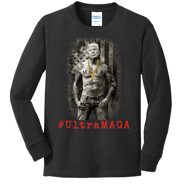 Ultra MAGA Trump The Great MAGA King Funny Gangster Kids Long Sleeve Shirt