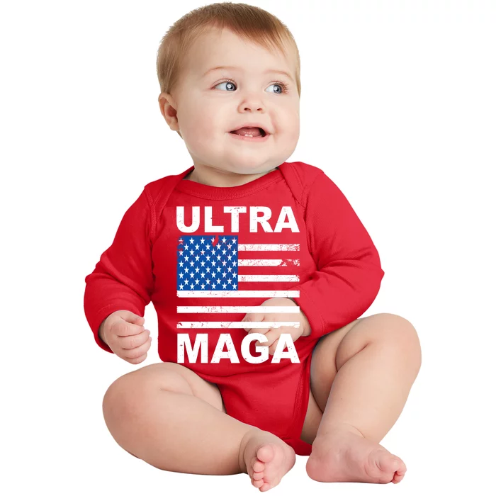 Ultra Maga Trump USA Flag Baby Long Sleeve Bodysuit