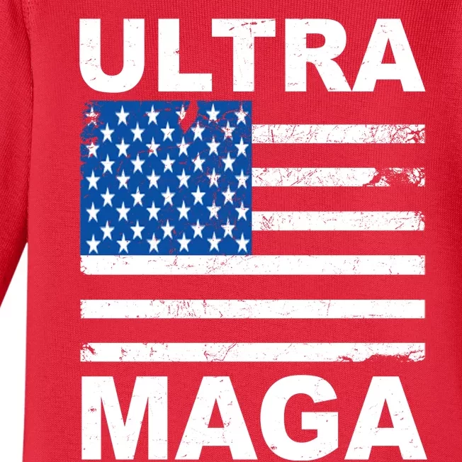 Ultra Maga Trump USA Flag Baby Long Sleeve Bodysuit