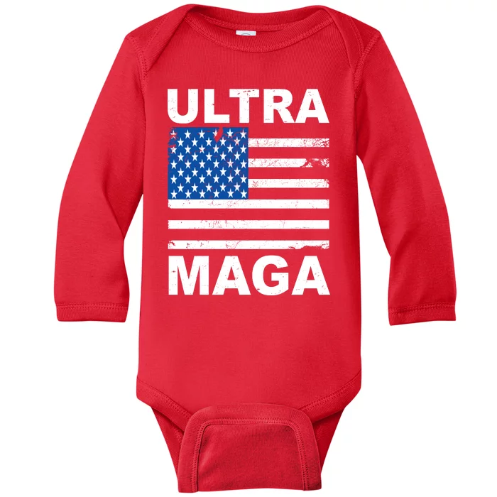 Ultra Maga Trump USA Flag Baby Long Sleeve Bodysuit