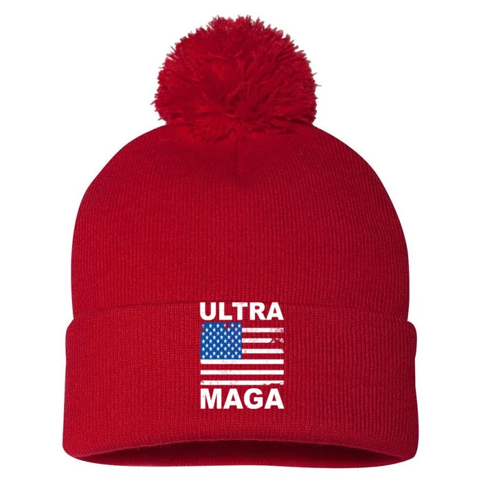 Ultra Maga Trump USA Flag Pom Pom 12in Knit Beanie