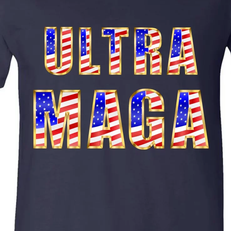 Ultra MAGA USA Gold Flag Font Trump 2024 Anti Biden V-Neck T-Shirt