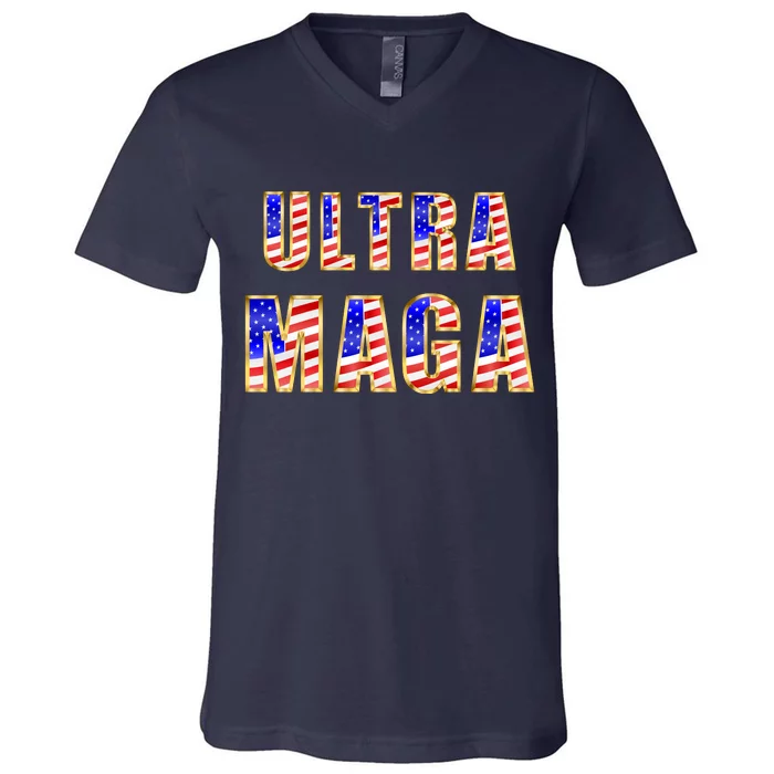 Ultra MAGA USA Gold Flag Font Trump 2024 Anti Biden V-Neck T-Shirt