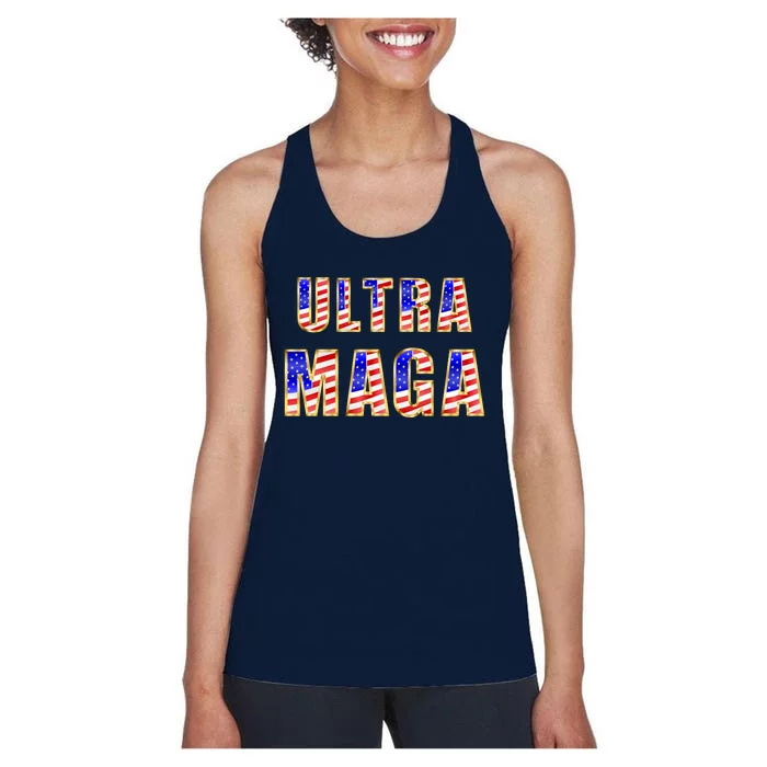 Ultra MAGA USA Gold Flag Font Trump 2024 Anti Biden Women's Racerback Tank