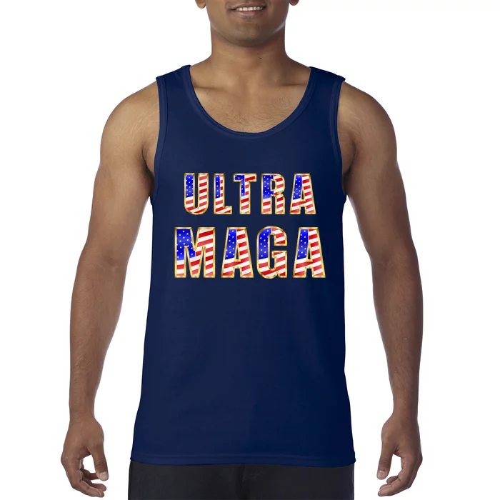 Ultra MAGA USA Gold Flag Font Trump 2024 Anti Biden Tank Top