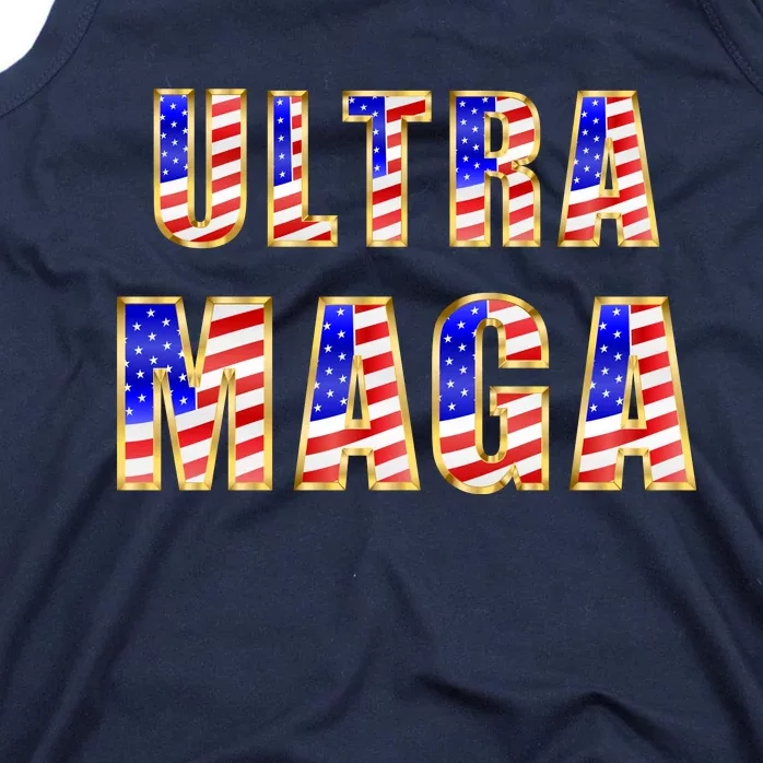 Ultra MAGA USA Gold Flag Font Trump 2024 Anti Biden Tank Top