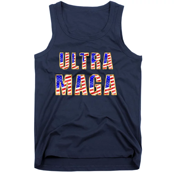 Ultra MAGA USA Gold Flag Font Trump 2024 Anti Biden Tank Top