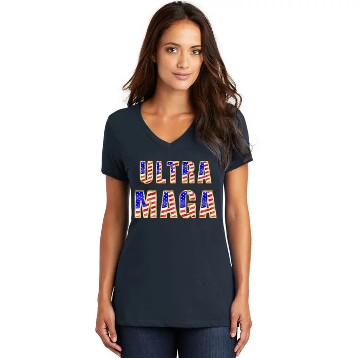 Ultra MAGA USA Gold Flag Font Trump 2024 Anti Biden Women's V-Neck T-Shirt