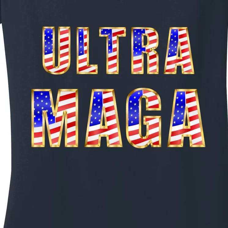 Ultra MAGA USA Gold Flag Font Trump 2024 Anti Biden Women's V-Neck T-Shirt