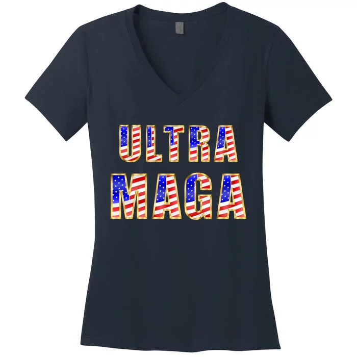 Ultra MAGA USA Gold Flag Font Trump 2024 Anti Biden Women's V-Neck T-Shirt