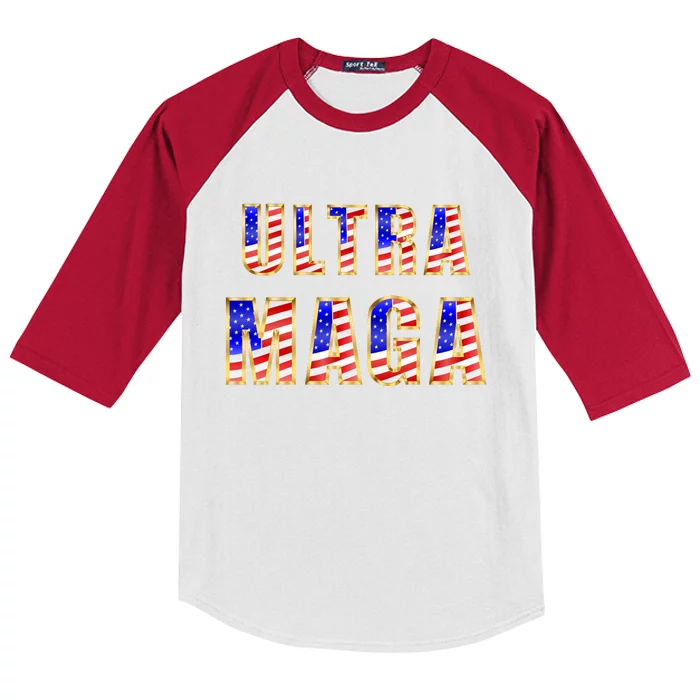 Ultra MAGA USA Gold Flag Font Trump 2024 Anti Biden Kids Colorblock Raglan Jersey