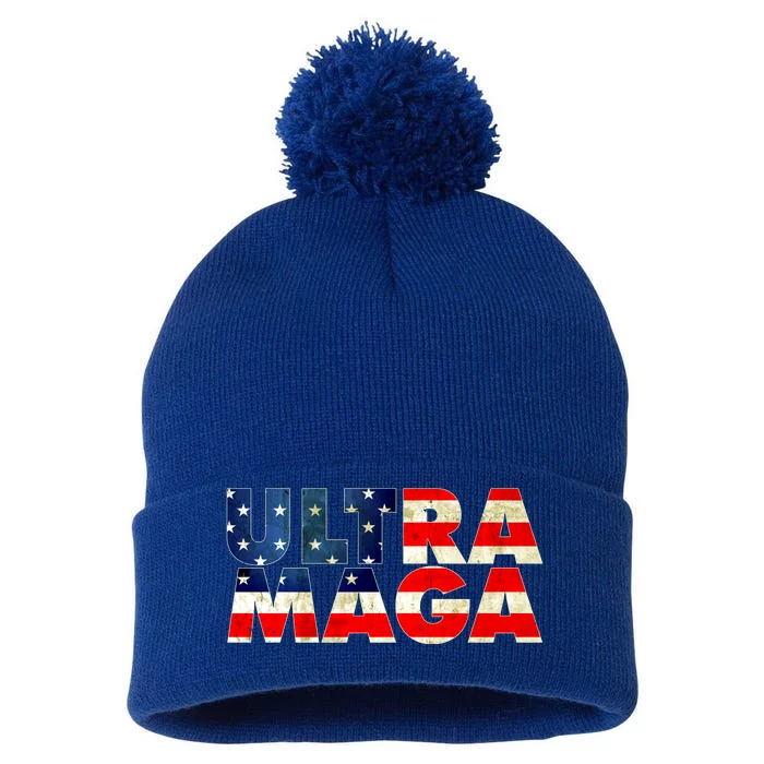 Ultra Maga USA American Flag Pom Pom 12in Knit Beanie