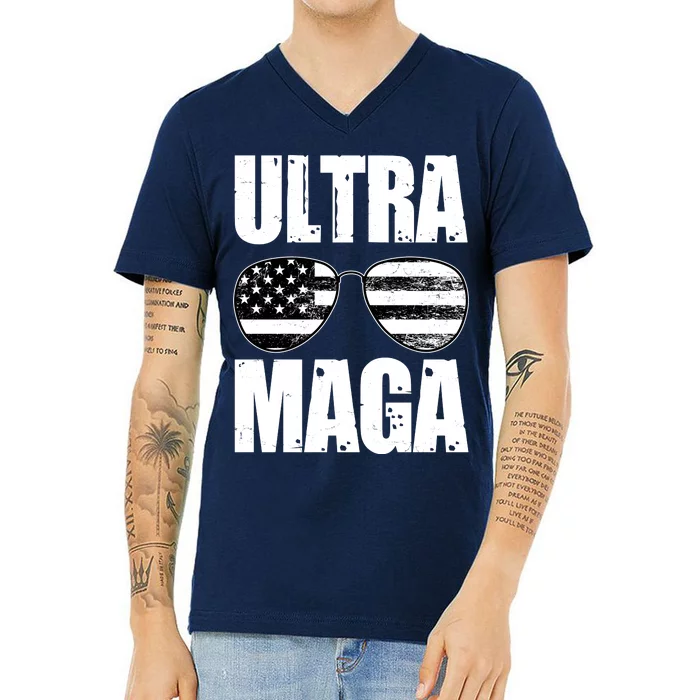 Ultra Maga USA Flag Sunglasses V-Neck T-Shirt