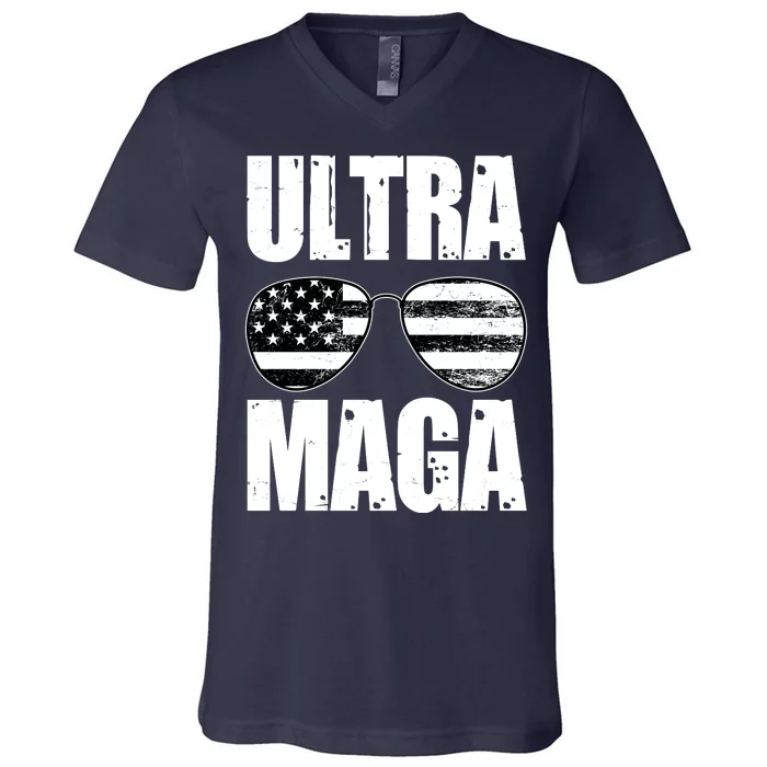 Ultra Maga USA Flag Sunglasses V-Neck T-Shirt