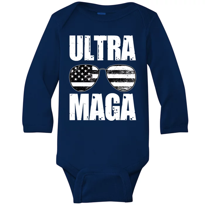 Ultra Maga USA Flag Sunglasses Baby Long Sleeve Bodysuit