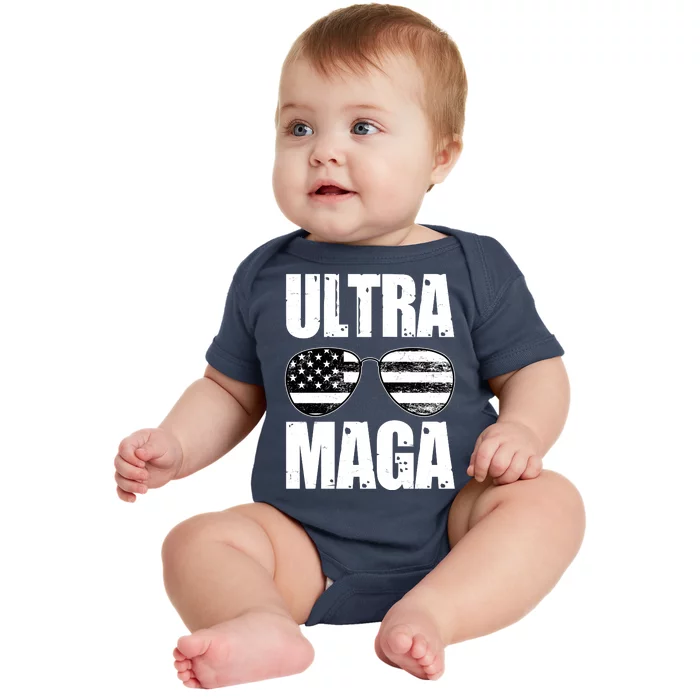 Ultra Maga USA Flag Sunglasses Baby Bodysuit