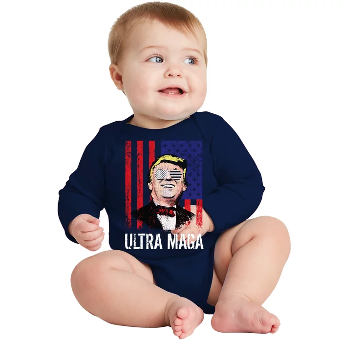 Ultra MAGA USA Flag Parody Trump 2024 Anti Biden Baby Long Sleeve Bodysuit