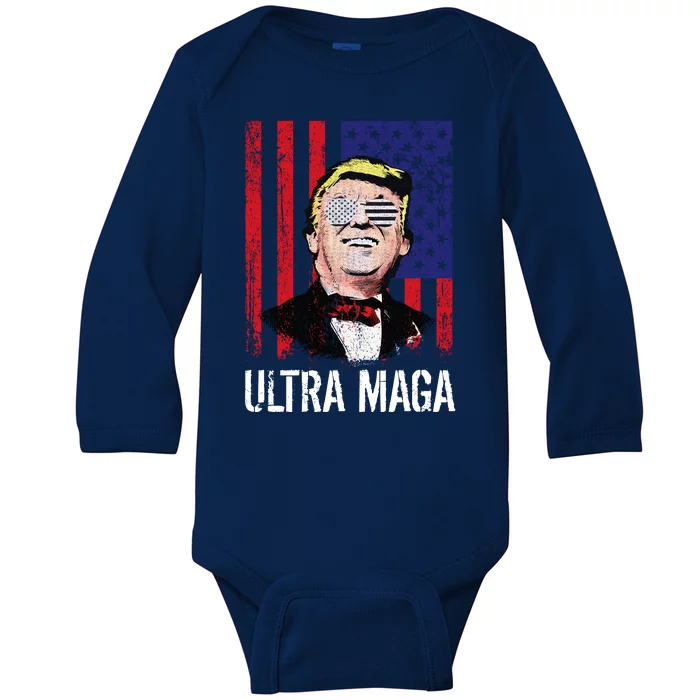 Ultra MAGA USA Flag Parody Trump 2024 Anti Biden Baby Long Sleeve Bodysuit