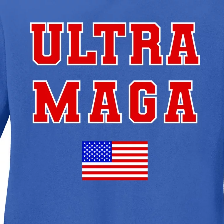 Ultra MAGA Varsity USA United States Flag Logo Ladies Long Sleeve Shirt