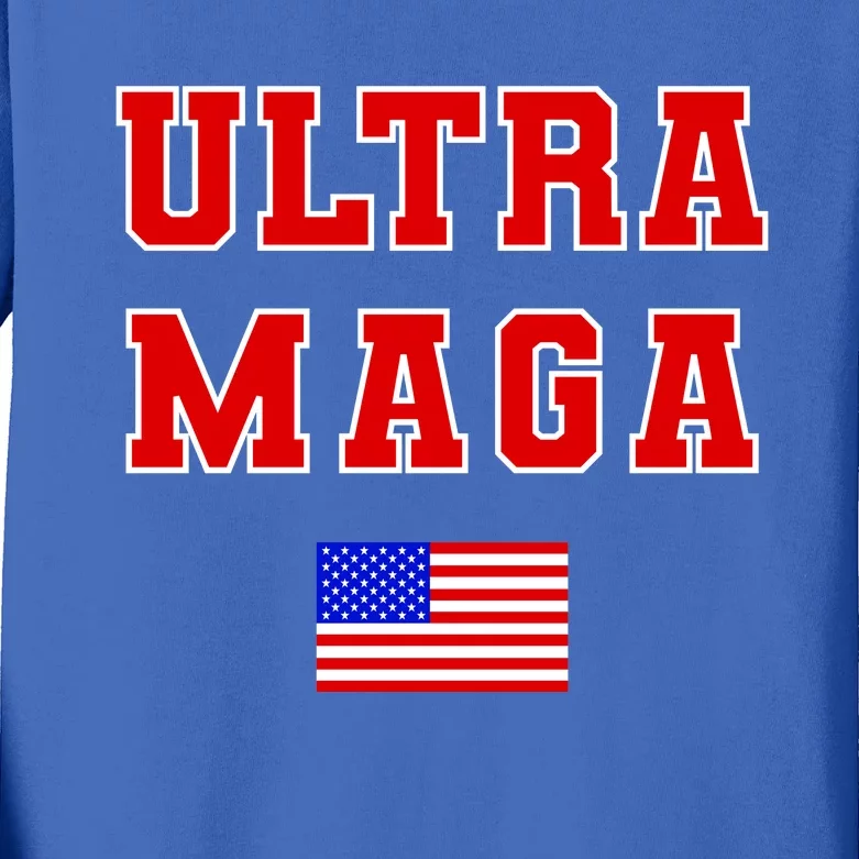 Ultra MAGA Varsity USA United States Flag Logo Kids Long Sleeve Shirt