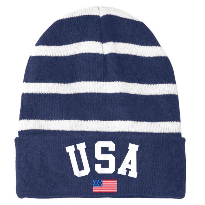 USA Men Women American Flag Patriotic 4th Of July Striped Beanie with Solid Band