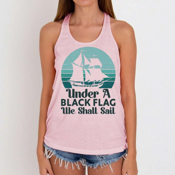 Under A Black Flag We Shall Sail Vintage Pirate Ship Motto Women's Knotted Racerback Tank